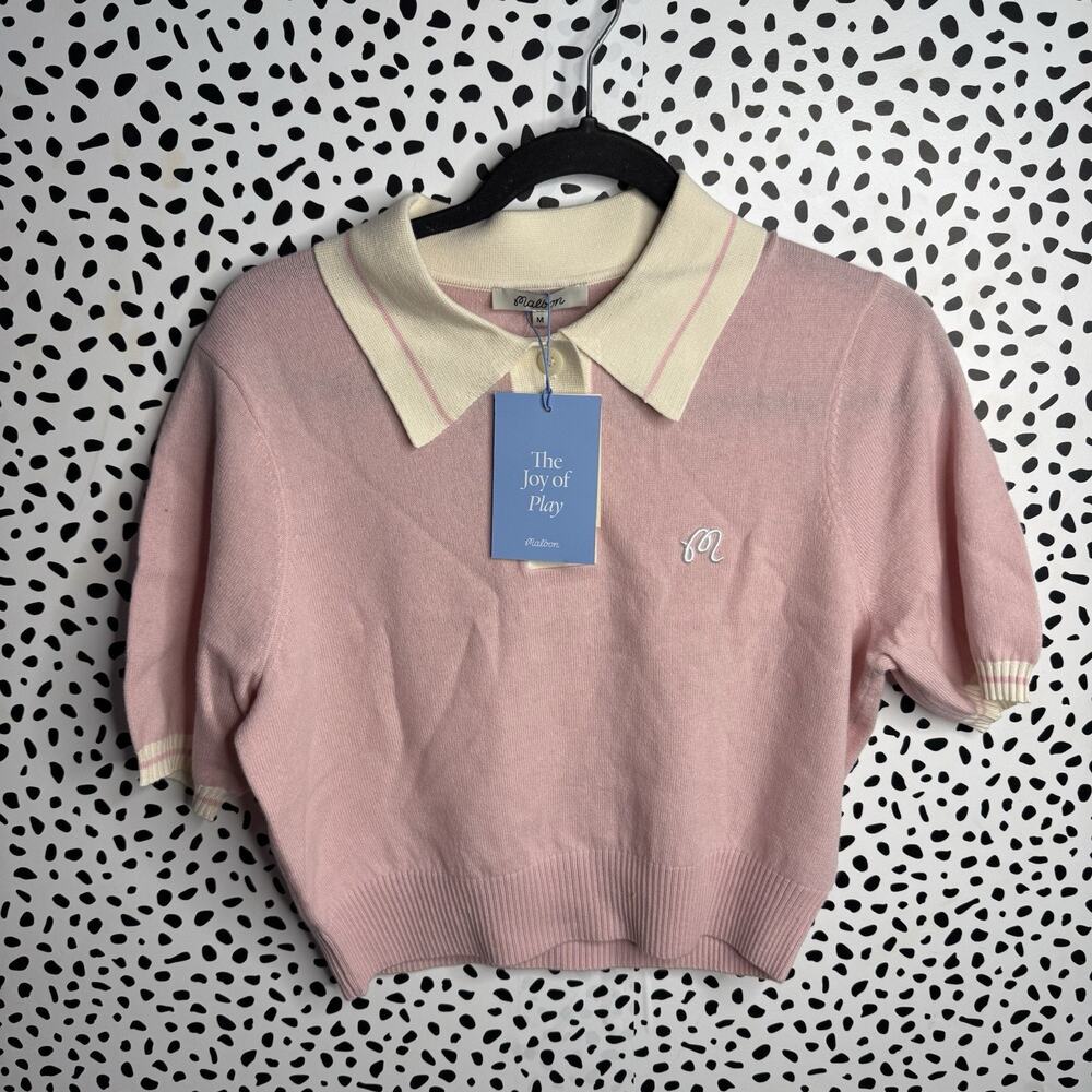 Malbon Mikayla Knit Polo Top Dusty Rose Medium Wool Cashmere
